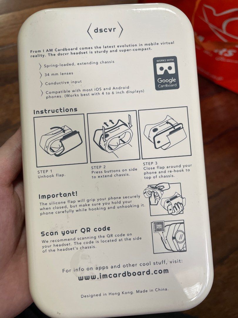 I AM Cardboard dscvr VR Headset (Category: Virtual Reality) located in Manila. Submitted by iamspicy (Listing ID 1411658566, Image 2). Description: Buy at least 2 items to get discount. Payment first. Shipping fee shouldered by Buyer. No meetups. - Compatible with most iOS and Android smartphones (4-6 inch displays). - Features a spring-loaded, extending chassis. - Equipped with 34mm lenses. - Includes conductive input for interaction. - Comes wi