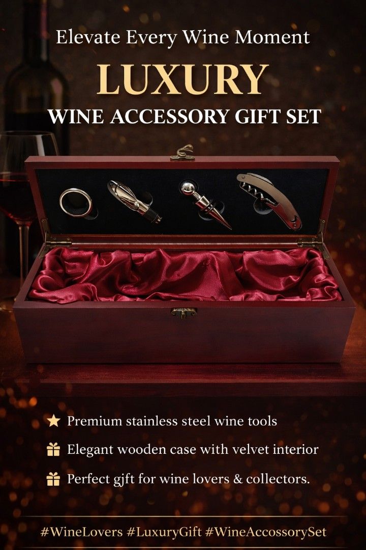 Luxury Wine Accessory Gift Set (Category: Other Kitchenware & Tableware) located in Binan City. Submitted by sakuratreasuresph (Listing ID 1411723685, Image 1). Description: Elevate every wine moment with this Luxury Wine Accessory Gift Set, crafted for true connoisseurs 🍷 Housed in a sleek wooden box with rich satin lining, this elegant set includes essential tools for effortless opening, precise pouring, and refined enjoyment. Perfect for cele