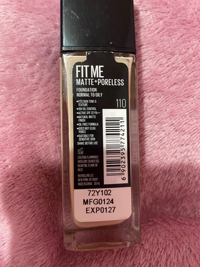 Maybelline Fit Me Matte + Poreless Foundation - 110 (Category: Makeup) located in Manila. Submitted by CamzPrelovedItems (Listing ID 1408784321, Image 2). Description: Authentic - Maybelline Fit Me Matte + Poreless Foundation (Shade 110) - 16-hour oil control - SPF 22 PA++ protection - Matte finish - Minimizes the appearance of pores - For a smooth and flawless complexion Used twice, like new almost full. .