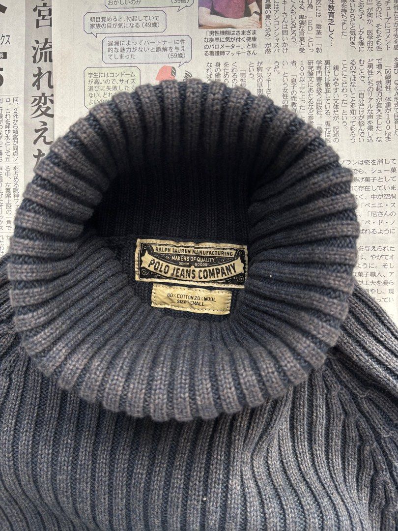 Polo RL Jeans Ribbed Wool Turtleneck Sweater (Category: Coats, Jackets and Outerwear) located in Paranaque City. Submitted by grailonious (Listing ID 1411645578, Image 3). Description: - Polo Jeans Company Ribbed Turtleneck Sweater - Color: Dark Grey - Size: Small - Material: 70% Cotton, 30% Wool - Measurements (approx.): - Chest: 42cm (stretches up to 60cm, ribbed knit) - Shoulder to Hem: 70cm.
