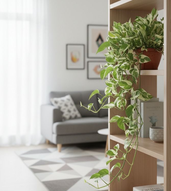 Trailing pothos naturally cascading from a high shelf