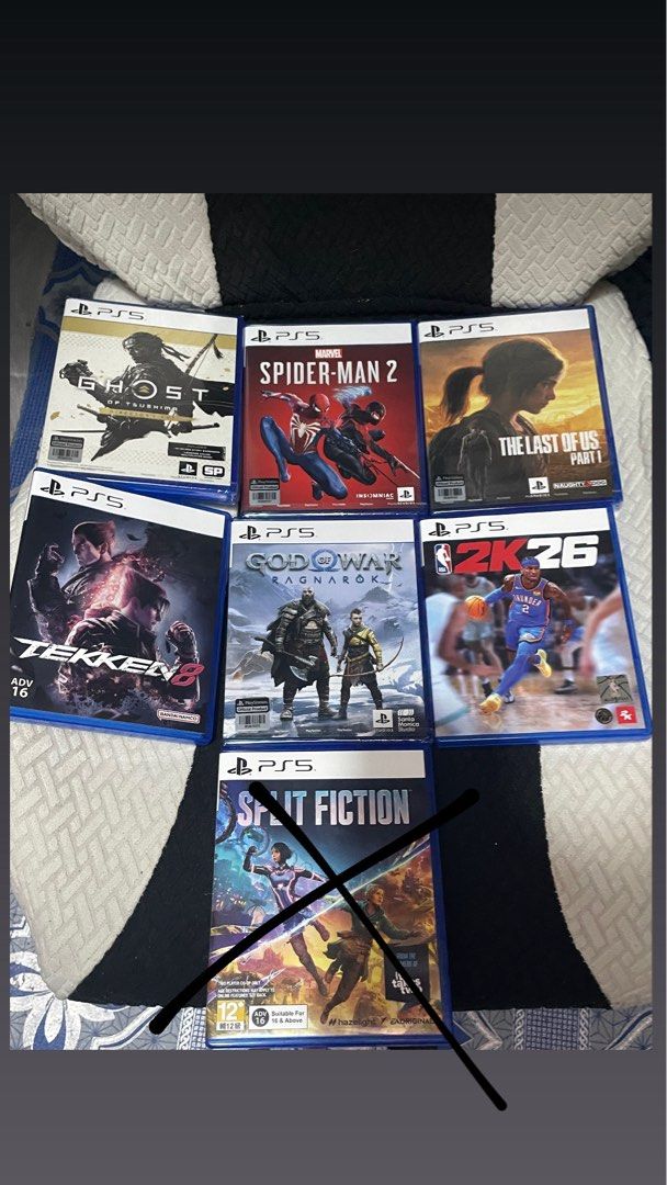 PS5 Games (Category: PlayStation) located in Makati City. Submitted by jillustracion99 (Listing ID 1411716409, Image 1). Description: Ghost of Tsushima(B New) 2k Spider-Man 2 (B New) 2k The Last of Us Part I( B new) 2k Tekken 8 - 1800 God of War Ragnarok ( B new) 1800 NBA 2K26 - 1800.