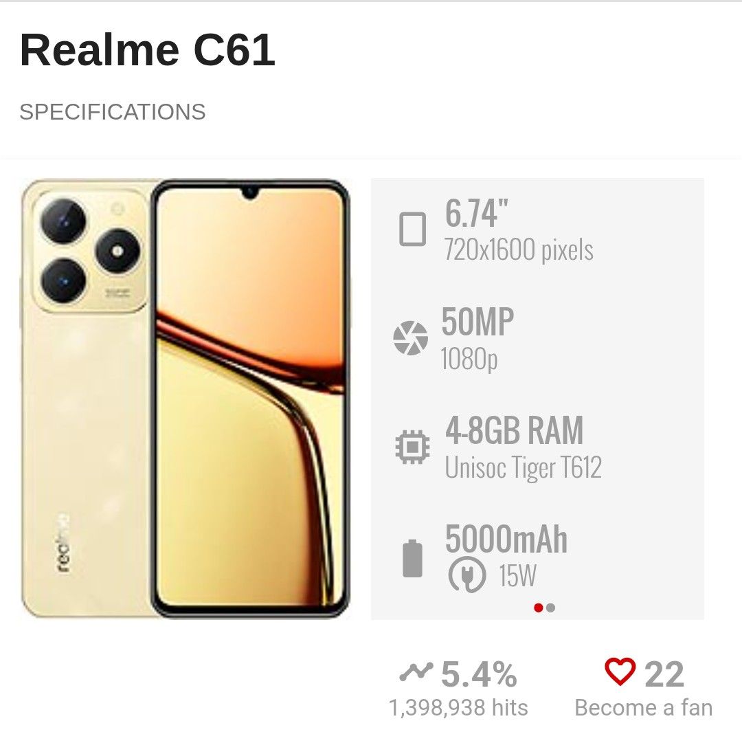 REALME C61 (8/256 VARIANT) (Category: Realme) located in Manila. Submitted by earlwoo (Listing ID 1411679622, Image 1). Description: Selling my second-hand phone: Realme C61 Reason for selling: I need funds to purchase a laptop, and this is no longer my main device. Details: • 8GB RAM (expandable up to 24GB) / 256GB internal storage • Unisoc T612 – suitable for gaming if you are not very strict with graphics settings (used for Genshin Impact, Mob