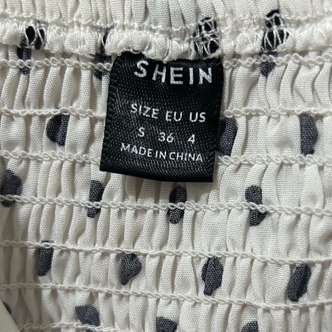SHEIN Polka Dot Puff Sleeve Crop Top (Category: Blouses) located in Cebu City. Submitted by ibyang_blgn (Listing ID 1411724088, Image 3). Description: - White crop top - Black polka dots - Puff sleeves - Square neckline - Smocked back - Size: S - Made in China.