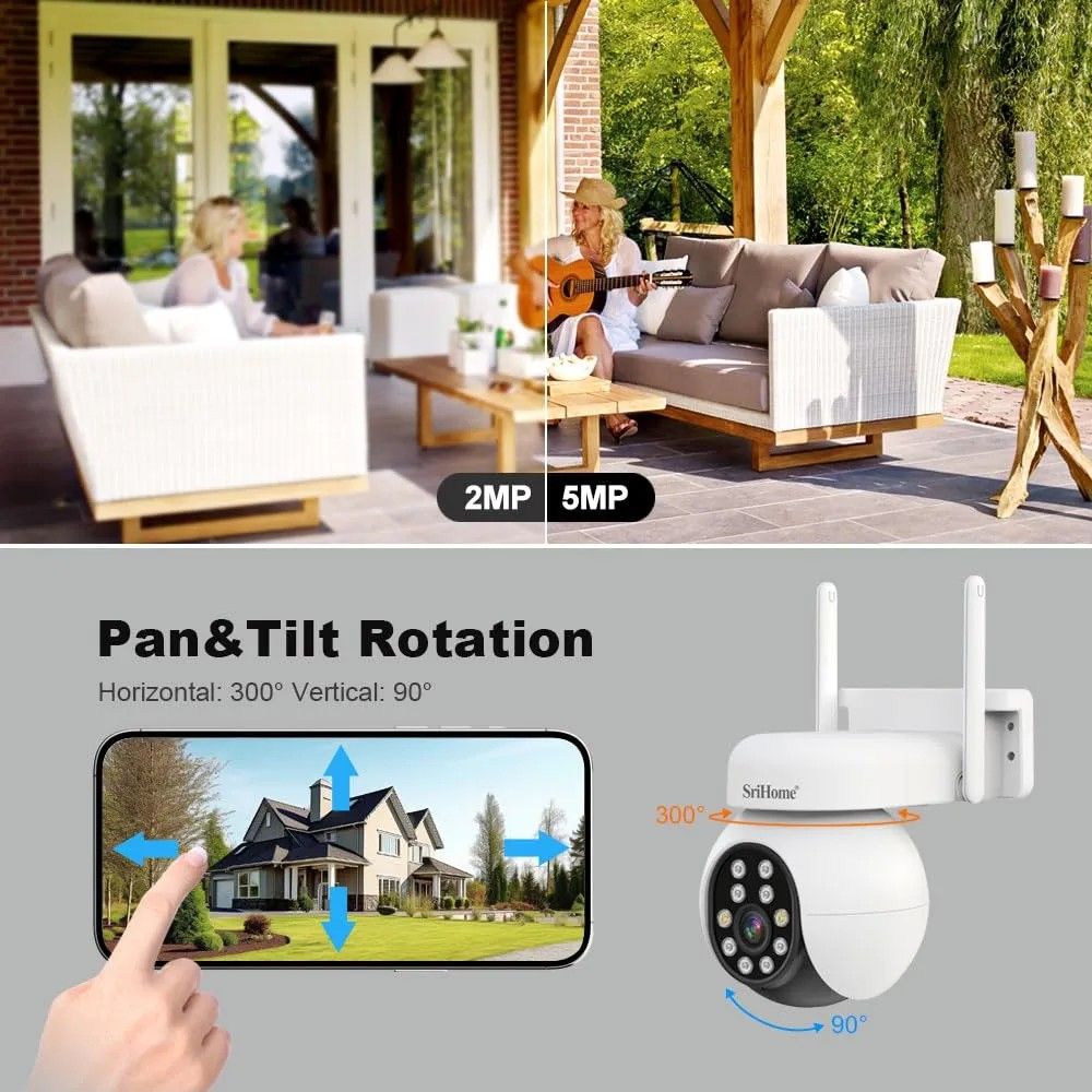 SriHome CCTV 5MP HD PTZ Camera SH052 (Category: Cameras) located in Quezon City. Submitted by ana-chan (Listing ID 1411715465, Image 3). Description: SriHome PTZ camera features 5MP HD resolution, Wi-Fi connectivity, and two-way audio. It offers auto tracking, motion detection, and night vision with color options. The camera is IP65 waterproof and supports an SD card. It has a pan and tilt rotation of 300 degrees horizontally and 90 degrees verti