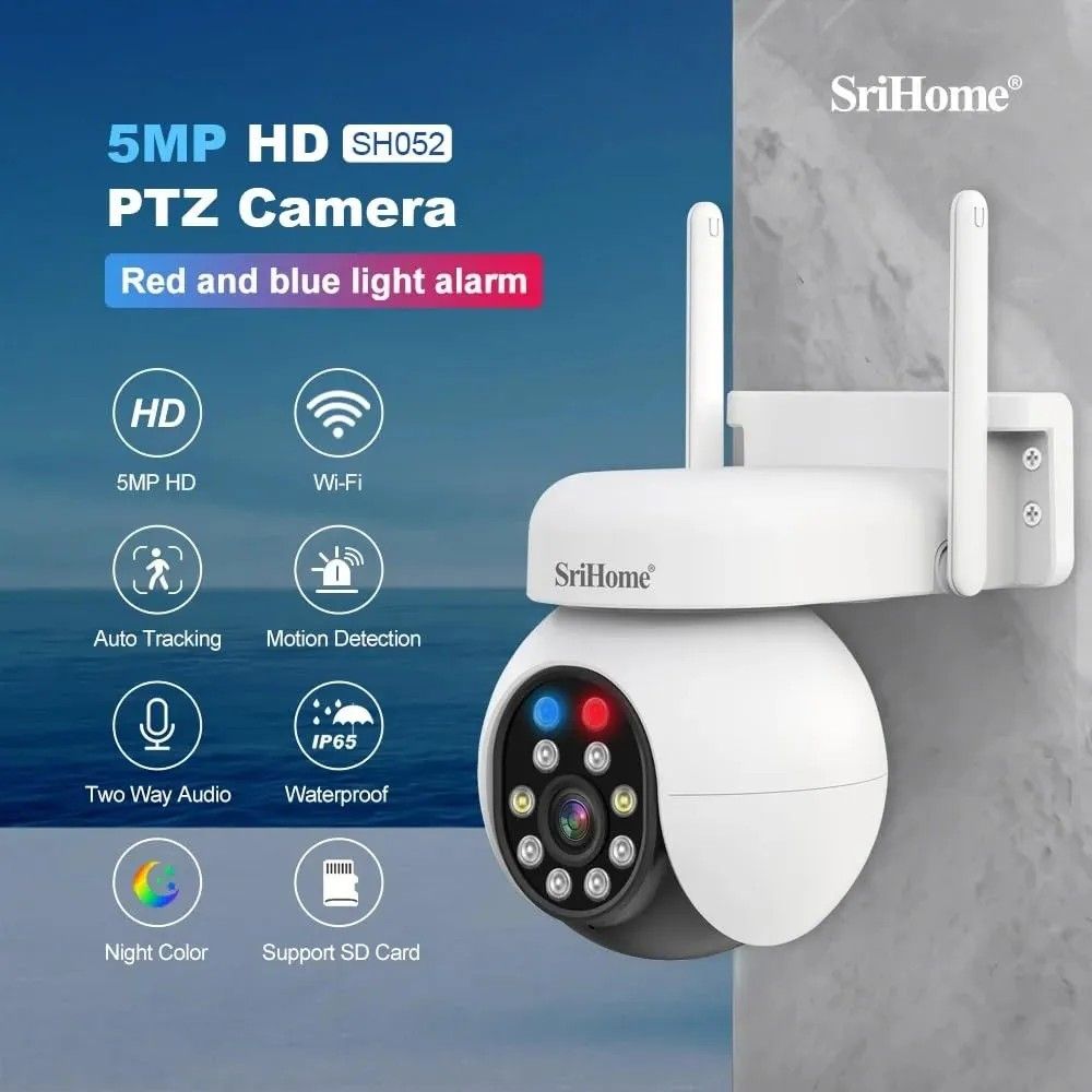 SriHome CCTV 5MP HD PTZ Camera SH052 (Category: Cameras) located in Quezon City. Submitted by ana-chan (Listing ID 1411715465, Image 2). Description: SriHome PTZ camera features 5MP HD resolution, Wi-Fi connectivity, and two-way audio. It offers auto tracking, motion detection, and night vision with color options. The camera is IP65 waterproof and supports an SD card. It has a pan and tilt rotation of 300 degrees horizontally and 90 degrees verti