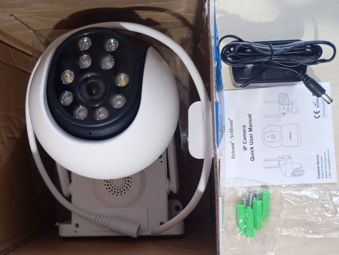 SriHome CCTV 5MP HD PTZ Camera SH052 (Category: Cameras) located in Quezon City. Submitted by ana-chan (Listing ID 1411715465, Image 1). Description: SriHome PTZ camera features 5MP HD resolution, Wi-Fi connectivity, and two-way audio. It offers auto tracking, motion detection, and night vision with color options. The camera is IP65 waterproof and supports an SD card. It has a pan and tilt rotation of 300 degrees horizontally and 90 degrees verti