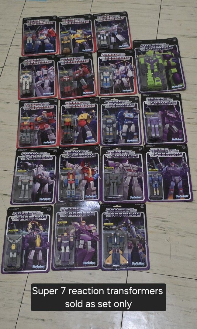 Super 7 Reaction Transformers Set Lot (Category: Action & Battle Toys) located in Quezon City. Submitted by c0ol_stuff (Listing ID 1411682418, Image 1). Description: - Super 7 Reaction Transformers action figures - Complete set - Includes various Transformers characters - All figures in original packaging - Ideal for Transformers collectors.
