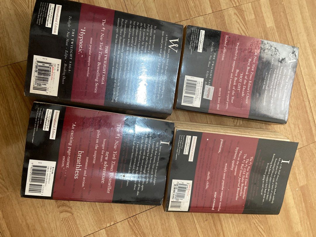 Twilight Saga Book Set (Category: Storybooks) located in Antipolo. Submitted by pinkescee (Listing ID 1411655427, Image 2). Description: - Complete set of The Twilight Saga books. - Includes "Twilight", "New Moon", "Eclipse", and "Breaking Dawn". - All books in English. - Minor wear on edges..