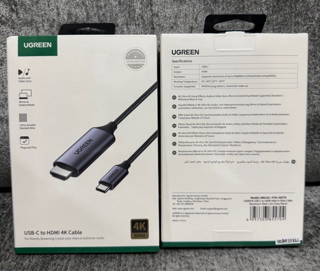 UGREEN USB-C To HDMI Cable 1.5M (Gray Black) (Category: Chargers & Cables) located in Makati City. Submitted by jc.cuerdo (Listing ID 1411772572, Image 1). Description: UGREEN USB-C To HDMI Cable 1.5M (Gray Black) This ugreen USB-C to HDMI cable is a convenient solution for connecting your USB-C device directly to your HDMI monitor, projector, or TV • Use the USB Type C HDMI cable cord to position your devices anywhere in your workspace as needed
