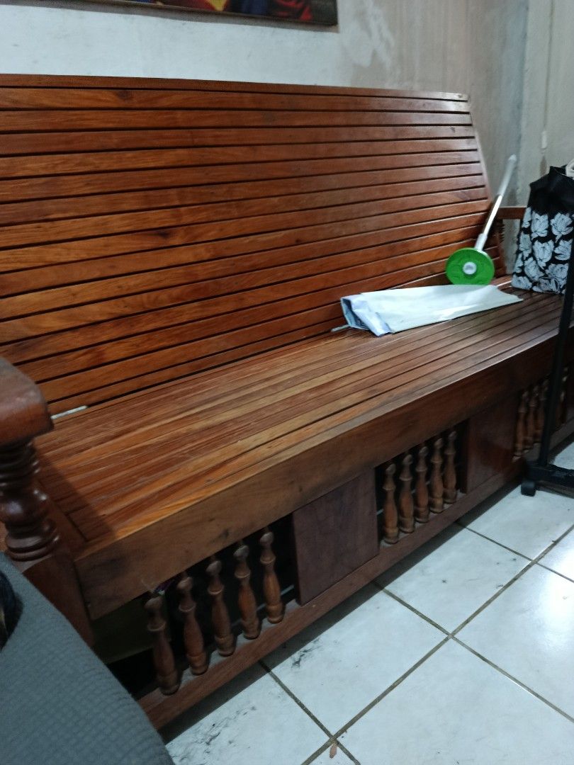 Solid Narra Wooden Sofa Bench (Category: Sofas) located in Manila. Submitted by beckylafea (Listing ID 1411658993, Image 2). Description: - Solid wood narra sofa bench - Warm, rich finish - Slatted back and seat - super heavy po solid narra wood - Sturdy construction - Ample seating space- 5:seater po - Perfect for living room or can be used as a bed frame . pwede ihiga ung backrest para maging bedframe..