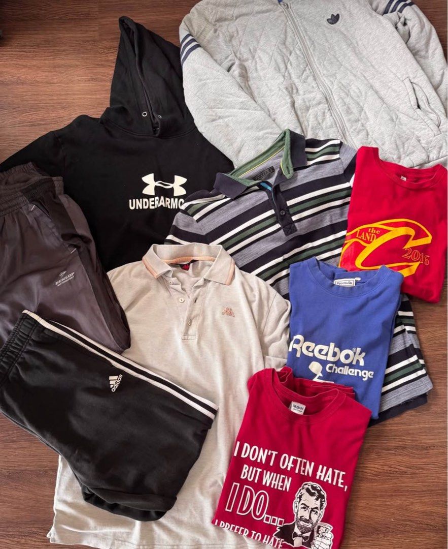 Aspack all branded garments 10pcs (Category: Activewear) located in Binan City. Submitted by luckythriffs (Listing ID 1411928819, Image 1). Description: FIXED PRICE Freebie included Dimensions Striped Long-sleeve Polo Shirt L:29 W:20 Kappa Polo Shirt L:27 W:22 Adidas Jacket L:28 W:23.5 Under Armour Hoodie L:27.5 W:22 Cavs Shirt L:27 W:19.5 Reebok Shirt L:26 W:18.5 Gildan Graphic Shirt L:28 W:21 Adidas joggers L:38 Waist:32-35 Dunlop Track Pants L