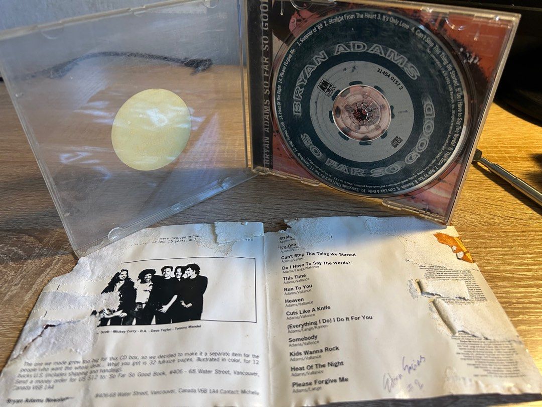 Bryan Adams - So Far So Good CD (Category: CDs & DVDs) located in Pasig City. Submitted by mr_declutterer (Listing ID 1411784753, Image 3). Description: Bryan Adams' "So Far So Good" compilation album. Album sleeve is water damaged (see photo). CD has light scratches but plays without skips. Pay via gcash or bank transfer (BPI or BDO). Shipping cost not yet included..