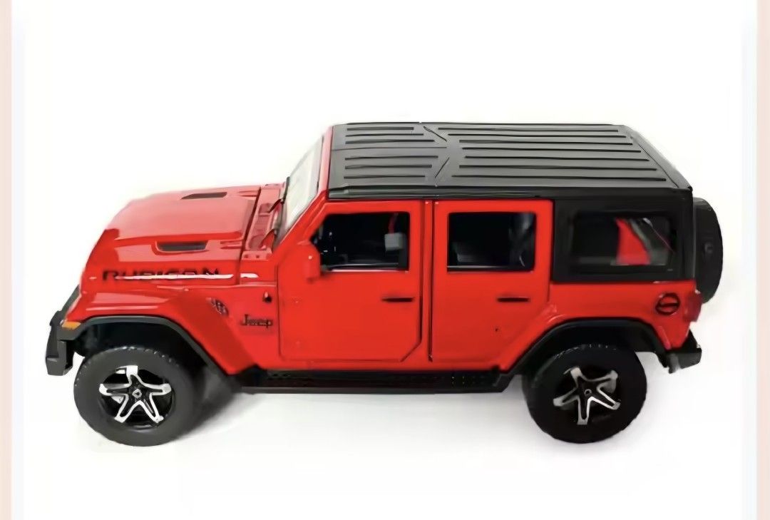 Diecast Jeep Wrangler Rubicon model Scale 1:32 (Category: Vehicle & Diecast Models) located in Manila. Submitted by jimtonline1206 (Listing ID 1411811704, Image 2). Description: - Detailed diecast Jeep Wrangler Rubicon model Scale 1:32 - Available colors: Red, Yellow, White - Features: - Opening doors -Movable Wheels -Alloy + Rubber Tires - Black rims and roof.