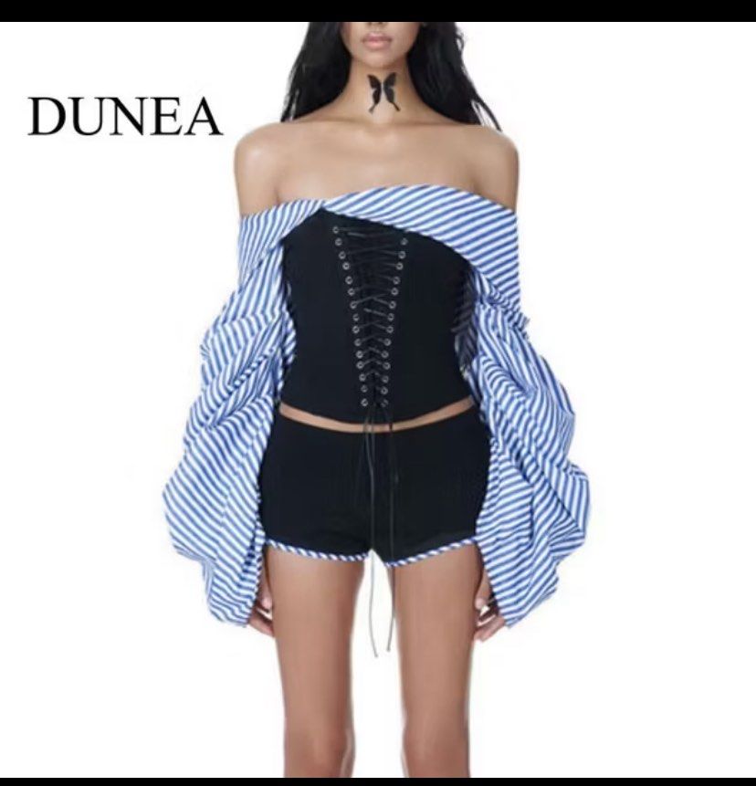 DUNEA Off-shoulder Striped Patchwork Irregular Strap Top & Shorts Two-Piece Set (Category: Sets or Coordinates) located in Imus. Submitted by declutterwithria (Listing ID 1411873944, Image 3). Description: READ BEFORE INQUIRING! -Most items are preloved unless stated otherwise. -First to pay gets the item‼️ -Shipping day is every Friday only‼️ 📌 STRICTLY NO RETURN! NO EXCHANGE! NO REFUNDS/ SWAPS/ CANCELLATIONS! NO COD! No 🍊 app CHECKOUT! NO LOW