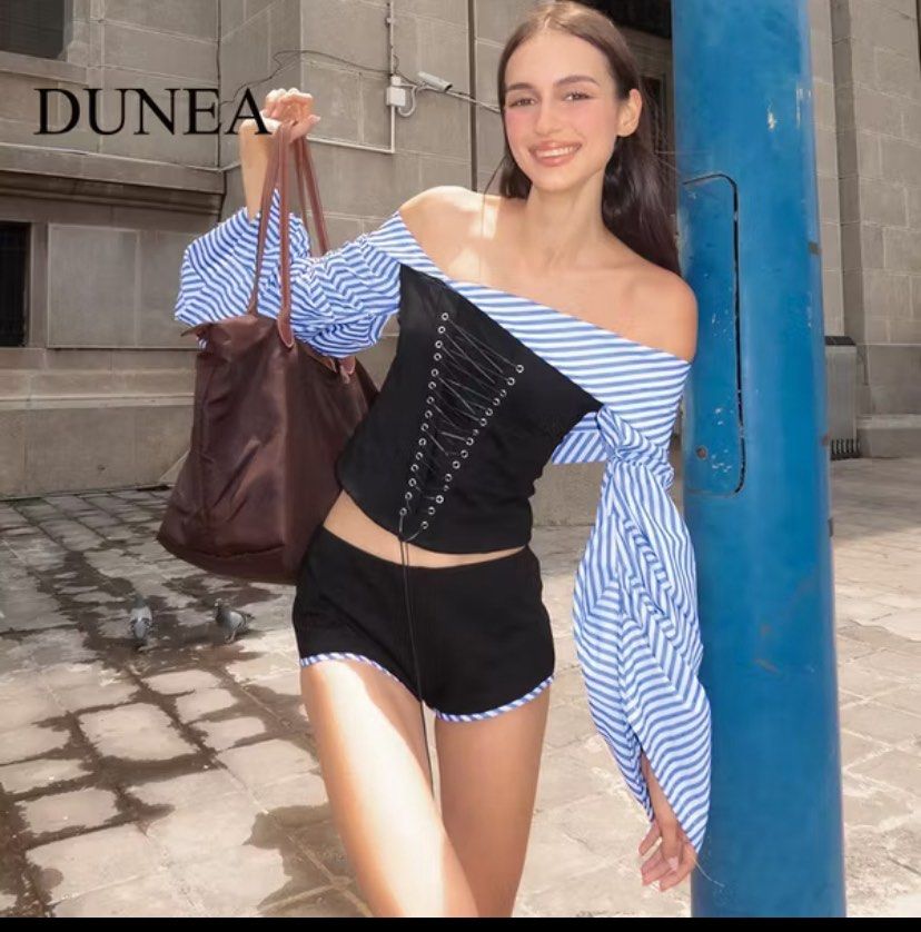DUNEA Off-shoulder Striped Patchwork Irregular Strap Top & Shorts Two-Piece Set (Category: Sets or Coordinates) located in Imus. Submitted by declutterwithria (Listing ID 1411873944, Image 2). Description: READ BEFORE INQUIRING! -Most items are preloved unless stated otherwise. -First to pay gets the item‼️ -Shipping day is every Friday only‼️ 📌 STRICTLY NO RETURN! NO EXCHANGE! NO REFUNDS/ SWAPS/ CANCELLATIONS! NO COD! No 🍊 app CHECKOUT! NO LOW