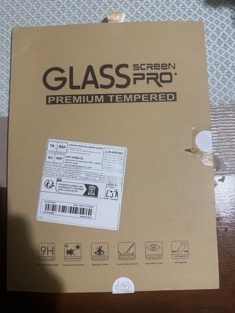 Glass Screen Pro+ Premium Tempered 14 inch (Category: Other Mobile & Gadget Accessories) located in Muntinlupa City. Submitted by jay826 (Listing ID 1411835423, Image 1). Description: Glass Screen Pro+ Premium Tempered screen protector. It is designed for a 14-inch display with a 16:10 aspect ratio. The package includes two screen protectors, each measuring 301mm x 188mm. Features include 9H high-quality glass, explosion-proof functionality, oleo