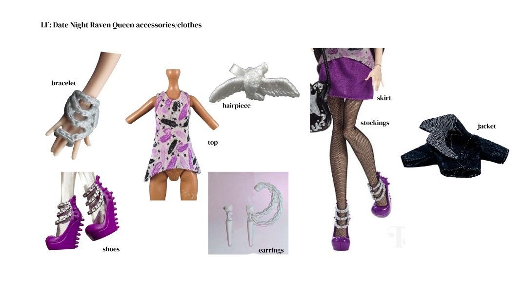 LF: EAH/EVER AFTER HIGH RAVEN QUEEN CLOTHES AND ACCESSORIES (Category: Babies & Kids Fashion) located in Polomolok. Submitted by sachsoup (Listing ID 1411849404, Image 1). Description: EAH/Ever After High Date Night Raven Queen - Chain Bracelet - Shoes - Hairclip/Hair piece - Top - Skirt - Earrings - Stockings - Jacket.