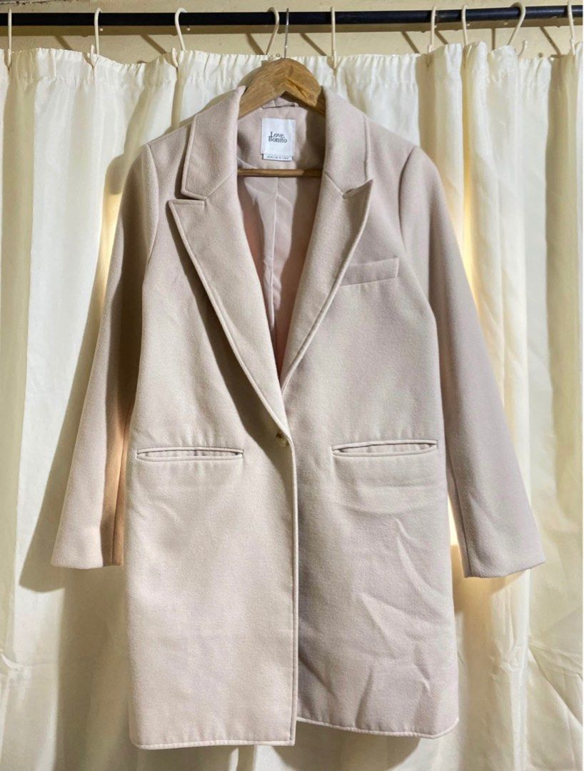 Love Bonito Coat/Blazer/Jacket (Category: Coats, Jackets and Outerwear) located in Makati City. Submitted by stufflookup (Listing ID 1411925913, Image 1). Description: Good as new! Used once for a few hours only. LAST PRICE! Makapal, pwede rin during winter (and autumn/spring seasons) Single-button closure Two front pockets Neutral color Fits S-M Size: LB M / UK 10 / US 6.