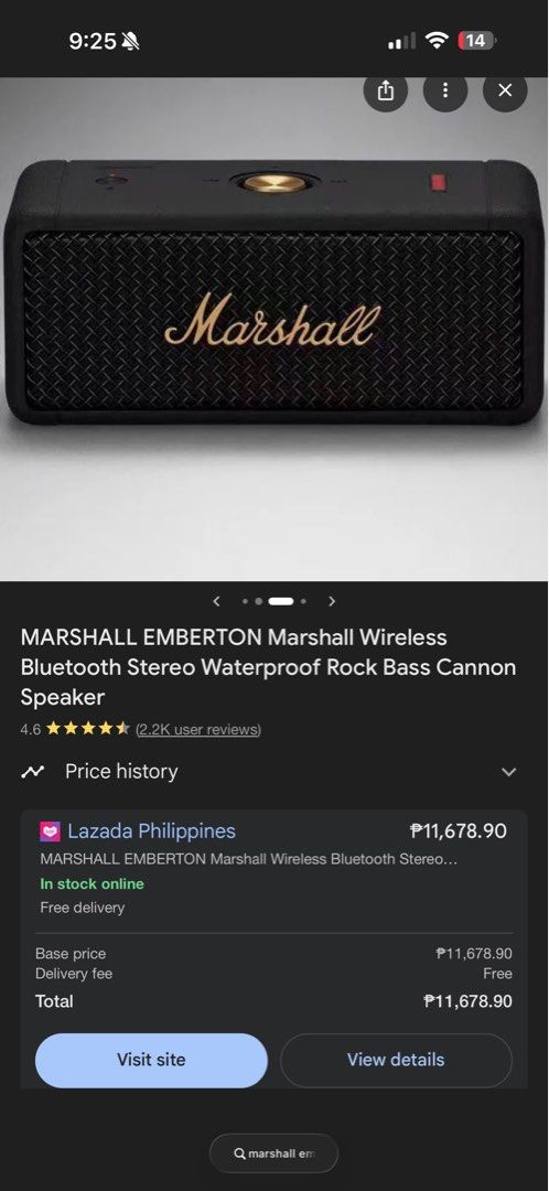 Marshall Emberton Wireless Bluetooth Speaker (Category: Soundbars, Speakers & Amplifiers) located in Mandaluyong City. Submitted by nadsfranco (Listing ID 1411908447, Image 1). Description: - Compact and portable design - Over 20 hours of playtime - IPX7 water-resistant - Multi-directional control knob - Bluetooth connectivity - Lightweight and durable.