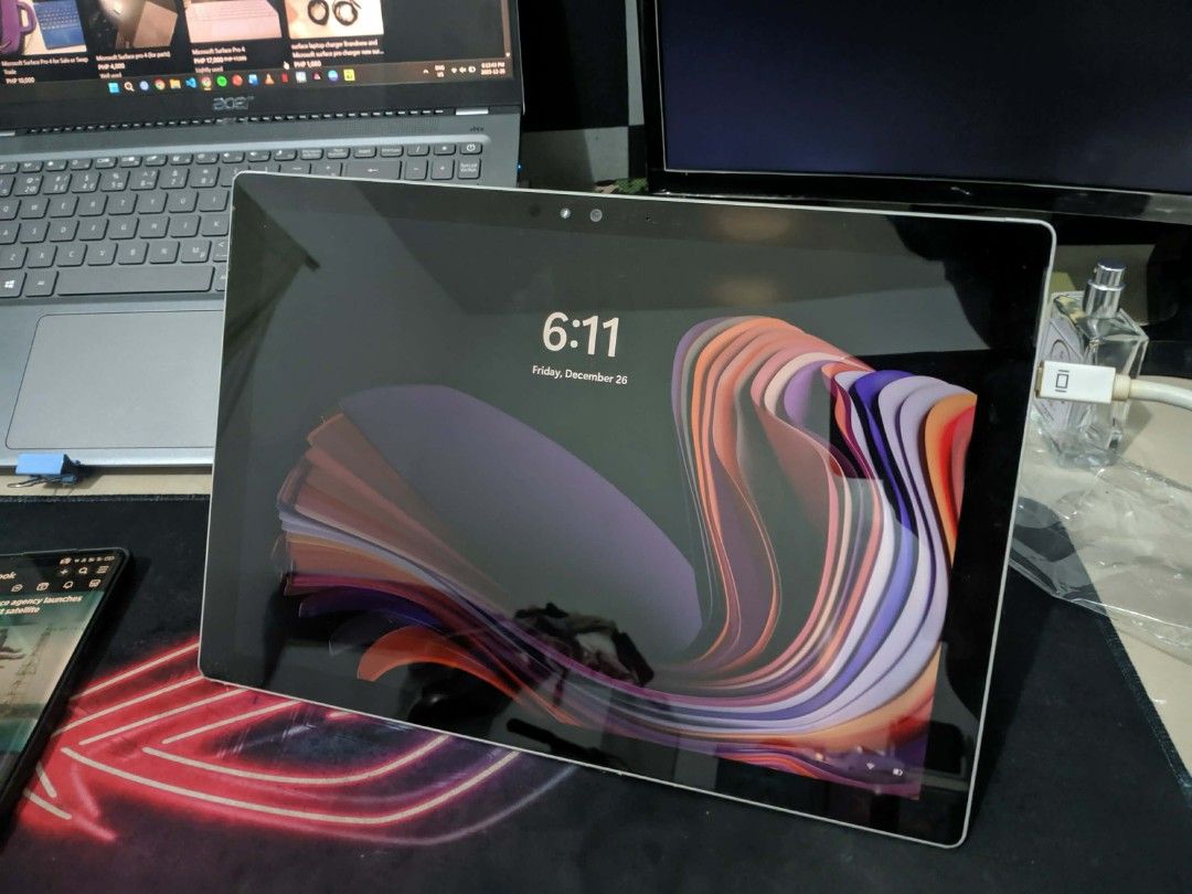Microsoft Surface Pro 4 (Category: Laptops & Notebooks) located in Manila. Submitted by julianrigo20554 (Listing ID 1411879818, Image 1). Description: Microsoft Surface Pro 4_Negoatiable pa po. Issue muna: - Flickering Screen and hindi na rin na touch. - Need mo galaw galawin yung charger bago mag charge. - Hindi na po gumagana yung keyboard na original pero andito pa. Add-ons: - Mechanical Keyboard - Charger - HDMI Adapter - Lifetime Microsoft 3
