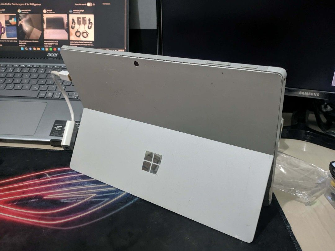 Microsoft Surface Pro 4 (Category: Laptops & Notebooks) located in Manila. Submitted by julianrigo20554 (Listing ID 1411879818, Image 3). Description: Microsoft Surface Pro 4_Negoatiable pa po. Issue muna: - Flickering Screen and hindi na rin na touch. - Need mo galaw galawin yung charger bago mag charge. - Hindi na po gumagana yung keyboard na original pero andito pa. Add-ons: - Mechanical Keyboard - Charger - HDMI Adapter - Lifetime Microsoft 3