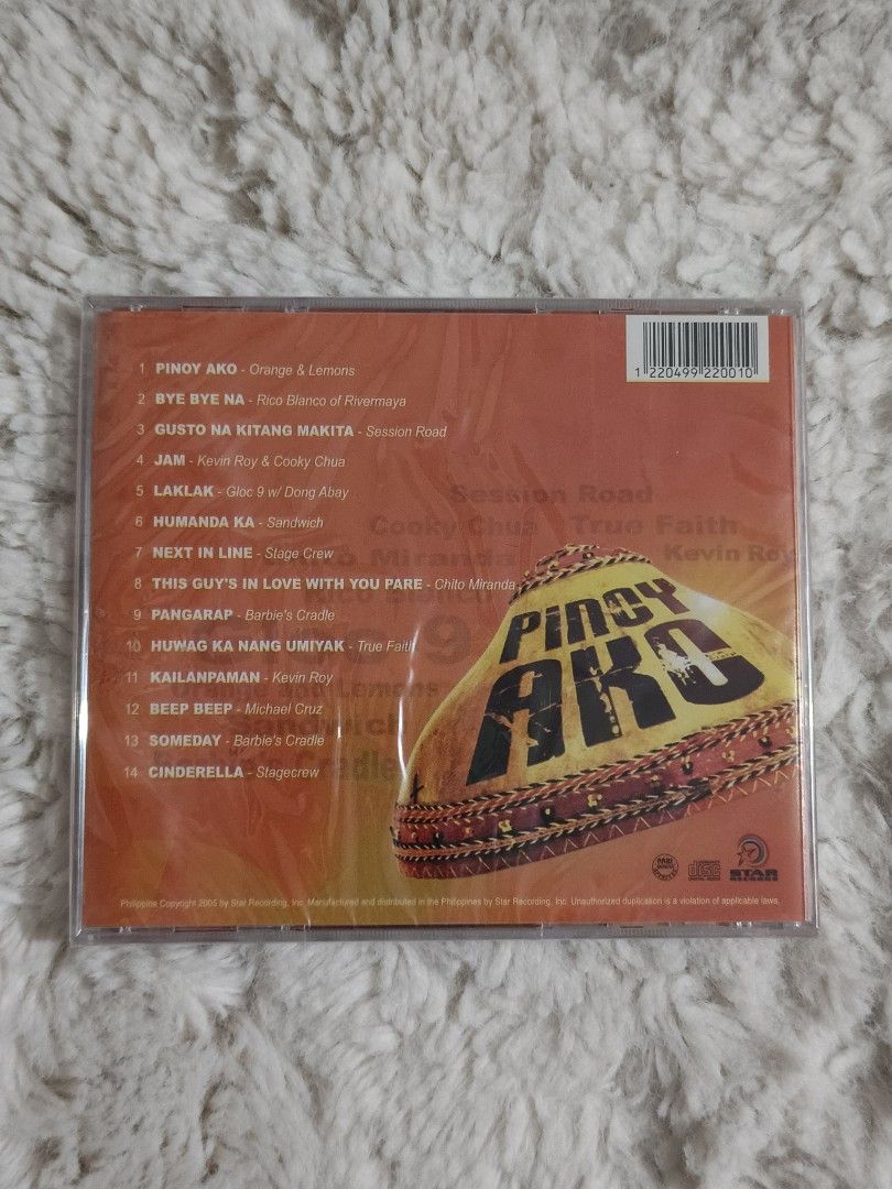 Pinoy Ako Compilation CD (Category: CDs & DVDs) located in Quezon City. Submitted by kevinfuentes0219 (Listing ID 1411800142, Image 2). Description: - Original Pinoy Ako Compilation CD - Features artists: Orange and Lemons, True Faith, Gloc-9, and more - Includes popular songs like "Pinoy Ako", "Bye Bye Na", and "Gusto Na Kitang Makita" - In original packaging.