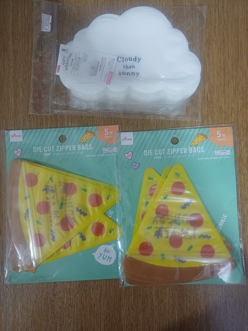 Pizza Slice Die Cut Zipper Bags (Category: Stationery & School Supplies) located in Davao. Submitted by appleswagon (Listing ID 1411893650, Image 1). Description: 3 sets of zipper bags: - 2 sets Pizza slice die-cut zipper bags - 1 set cloud-shaped zip bag - Ideal for snacks, small items, or party favors - Features a fun and colorful design.