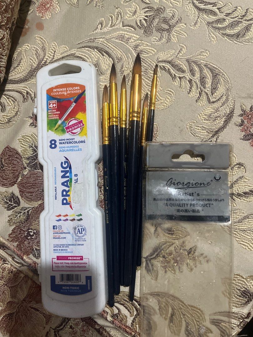 Preloved Prang watercolors w/ brushes (Category: Craft Supplies & Tools) located in Marikina City. Submitted by youngday6 (Listing ID 1411830137, Image 1). Description: MOP •Gcash •With different sizes of giorgione brushes.