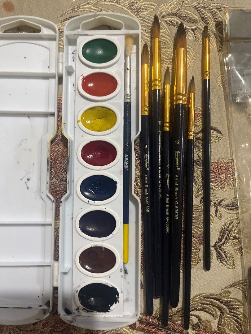 Preloved Prang watercolors w/ brushes (Category: Craft Supplies & Tools) located in Marikina City. Submitted by youngday6 (Listing ID 1411830137, Image 3). Description: MOP •Gcash •With different sizes of giorgione brushes.