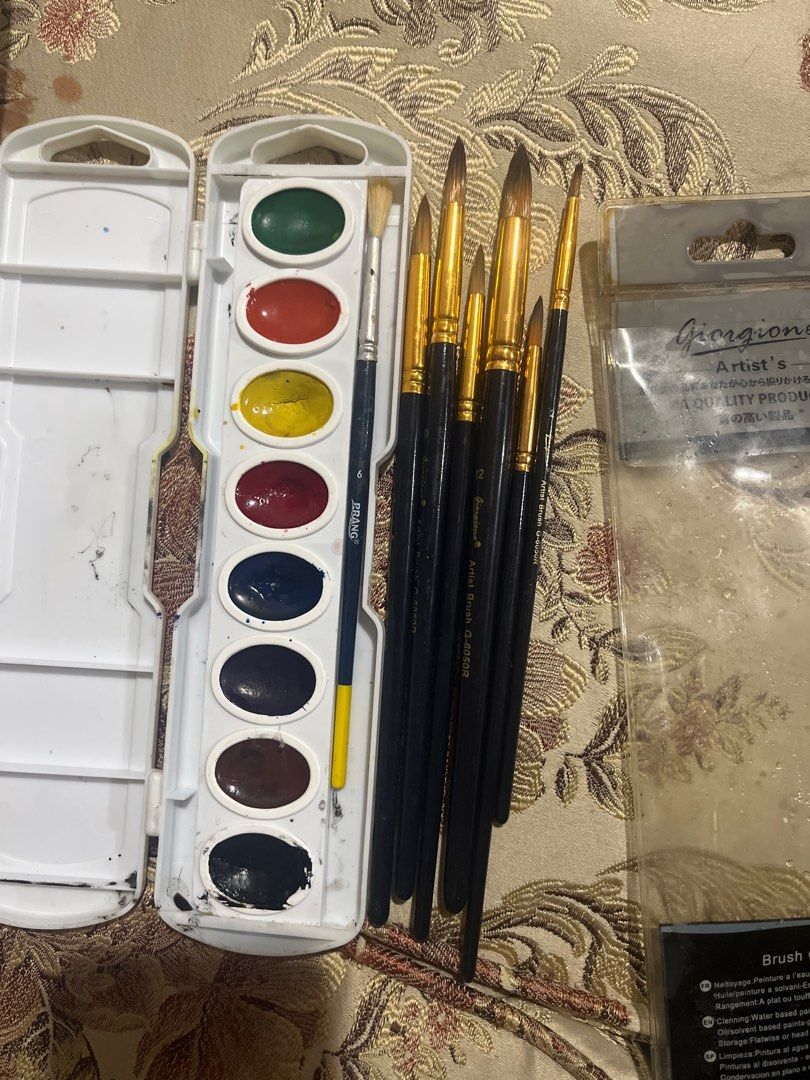 Preloved Prang watercolors w/ brushes (Category: Craft Supplies & Tools) located in Marikina City. Submitted by youngday6 (Listing ID 1411830137, Image 2). Description: MOP •Gcash •With different sizes of giorgione brushes.