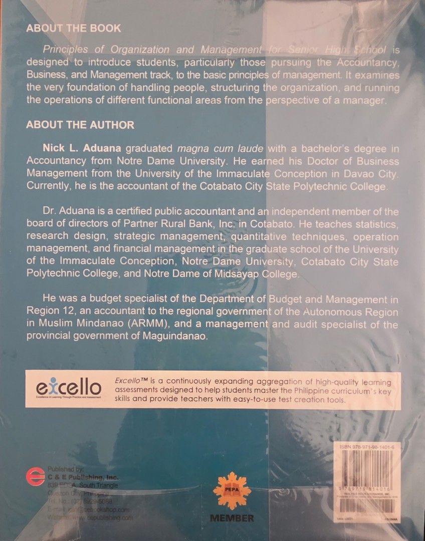 Principles of Organization and Management (Category: Textbooks) located in Quezon City. Submitted by brandhub (Listing ID 1411783274, Image 2). Description: - Principles of Organization and Management textbook. - Authored by Nick Aduana. - Published by C&E Publishing. - Designed for Senior High School students. - Specifically for Accountancy, Business, and Management track..