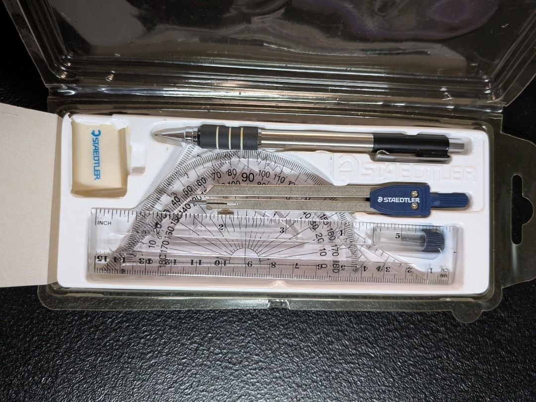 Staedtler Geometery Set (Category: Stationery & School Supplies) located in Quezon City. Submitted by geloboy10 (Listing ID 1411924202, Image 2). Description: product sold as is - Staedtler geometry set - Includes compass, protractor, ruler, and other essential tools - Comes in a clear plastic case - Complete and ready for use - Ideal for students and precise drawings.