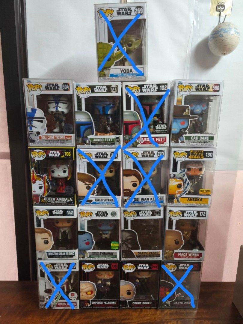 Star Wars Funko POP! (Category: Figurines & Statues) located in Quezon City. Submitted by jasonla03 (Listing ID 1387074996, Image 1). Description: ❗❗For Sale❗❗ Yoda, 501st Clone Trooper, Jango Fett, Boba Fett, Cad Bane, Queen Amidala, Obi-Wan Kenobi, Anakin Skywalker, Ahsoka Tano, Director Orson Krennic, Grand Admiral Thrawn, Darth Vader, Mace Windu, General Grievous, Emperor Palpatine (Darth Sidious/Chancellor), Count Dooku, Darth Maul - 8/16 Yo