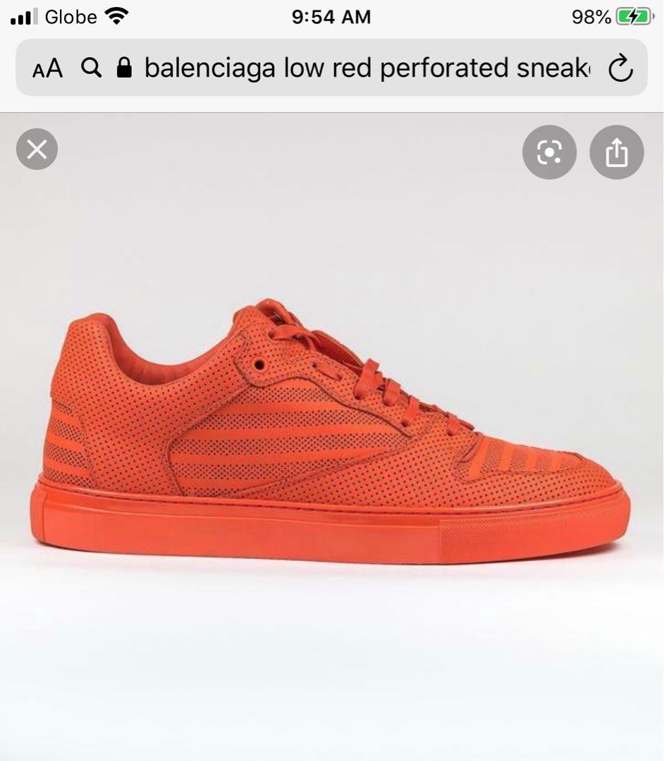 Balenciaga Low Red Perforated Sneakers (Category: Sneakers) located in Paranaque City. Submitted by antzsome (Listing ID 1412088931, Image 1). Description: - Balenciaga low-top sneakers - Eye-catching red color - Perforated design for breathability - Classic lace-up closure - Durable solid red sole - Crafted from premium leather - locally purchased - Stylish horizontal lines on the upper -09177011079.