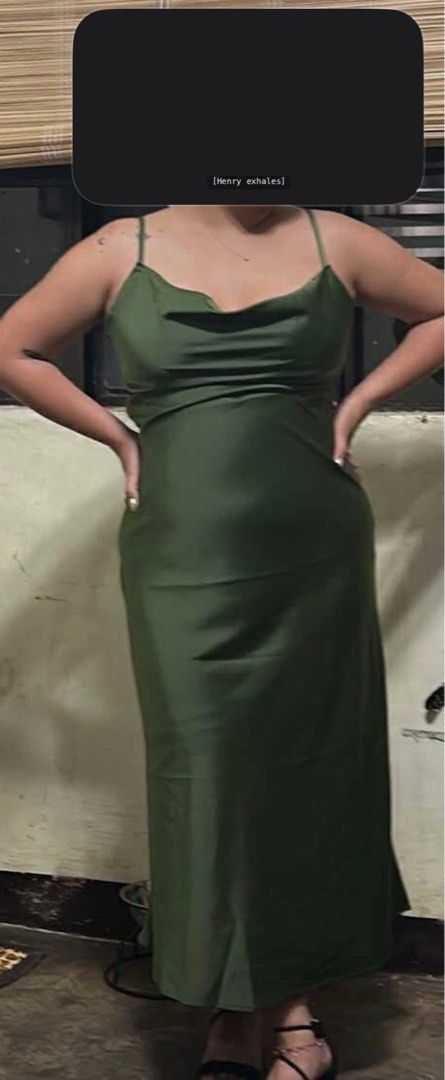 Dark Green Satin Midi Dress (Category: Dresses) located in Imus. Submitted by _j.amila (Listing ID 1412021373, Image 1). Description: - ₱ 500 - Dark green satin dress (XL) Never used, fitted only! - Features a cowl neckline - Spaghetti straps - Maxi length (hits above the ankles) - Ideal for weddings and formal events - Easy to accessorize .
