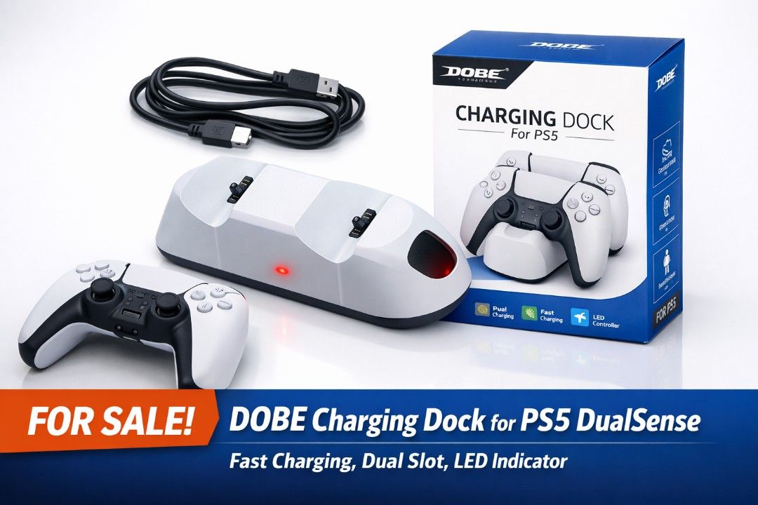 DOBE Charging Dock for PS5 DualSense (Category: Controllers) located in Pasig City. Submitted by gamitatibapa18 (Listing ID 1412055327, Image 2). Description: Compatible with: PS5 DualSense Controllers 🔋 Dual Charging Slot – pwedeng mag-charge ng 2 controllers sabay ⚡ Fast Charging – stable at safe charging 💡 LED Indicator Light – may charging status light 🔌 Complete Set – kasama ang USB cable 📦 Condition: Good as new / Tested working 👉 Plug