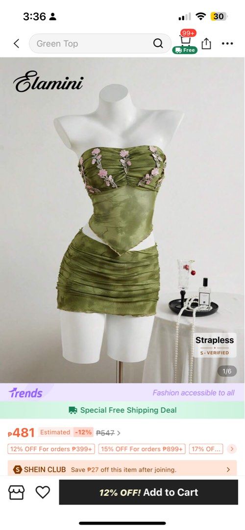 Elamini Green Strapless Dress Set (Category: Dresses) located in Manila. Submitted by colourblew (Listing ID 1412026806, Image 1). Description: Used once Xs- s .