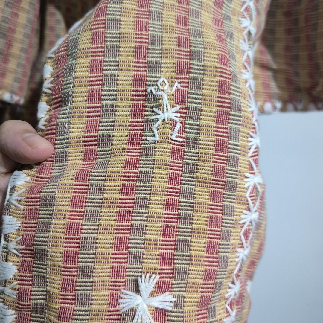 Embroidered Terno Sleeve Bolero (Category: Blouses) located in Makati City. Submitted by mampuan (Listing ID 1412027333, Image 3). Description: - Woven Filipiniana fabric with detailed white embroidery - Short puff sleeves - Mandarin collar - Button-down front - Color scheme: Yellow, red, and brown - White stitching on edges - Used several times, in good used condition.