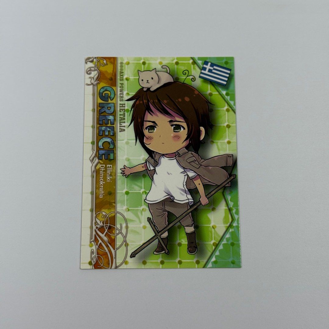 Hetalia Axis Powers — Greece — Trading Card — Frontier Works (Category: Raw Singles) located in Makati City. Submitted by sokyuuph (Listing ID 1412134706, Image 1). Description: Kindly visit our Facebook page, Sokyuu PH! Item description: → Card size approx. 2.5” by 4” → Actual photos posted (what you see is what you get) → Authentic (unless stated otherwise) → No to sensitive buyers, please manage your expectations → We use recycled materials fo