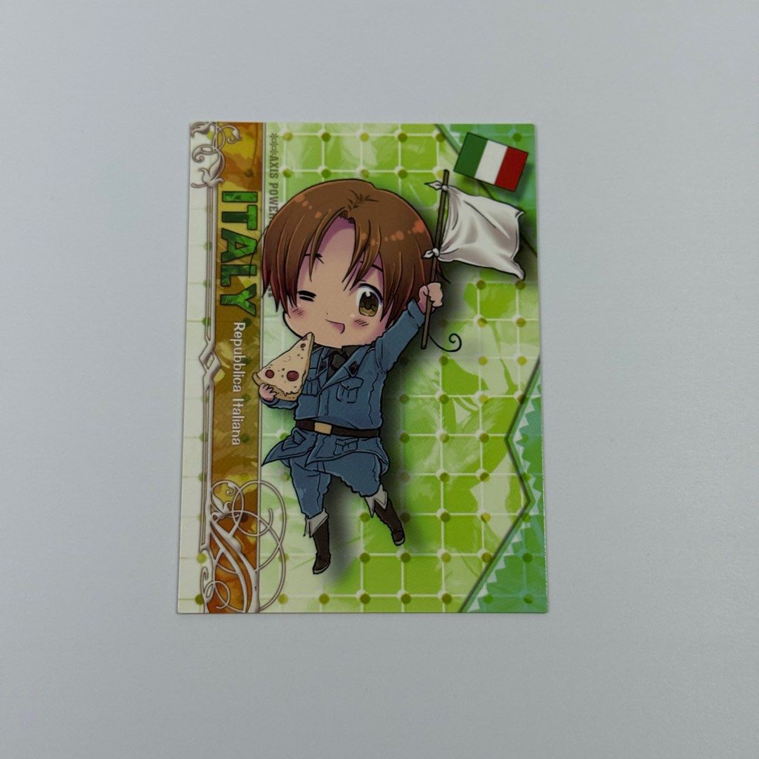 Hetalia Axis Powers — Italy — Trading Card — Frontier Works (Category: Raw Singles) located in Makati City. Submitted by sokyuuph (Listing ID 1412135881, Image 1). Description: Kindly visit our Facebook page, Sokyuu PH! Item description: → Card size approx. 2.5” by 4” → Actual photos posted (what you see is what you get) → Authentic (unless stated otherwise) → No to sensitive buyers, please manage your expectations → We use recycled materials for