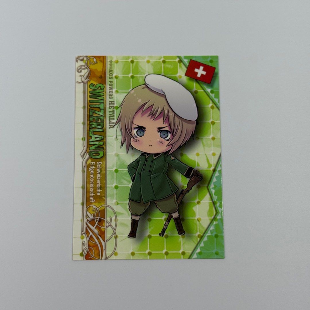 Hetalia Axis Powers — Switzerland — Trading Card — Frontier Works (Category: Raw Singles) located in Makati City. Submitted by sokyuuph (Listing ID 1412135884, Image 1). Description: Kindly visit our Facebook page, Sokyuu PH! Item description: → Card size approx. 2.5” by 4” → Actual photos posted (what you see is what you get) → Authentic (unless stated otherwise) → No to sensitive buyers, please manage your expectations → We use recycled materia