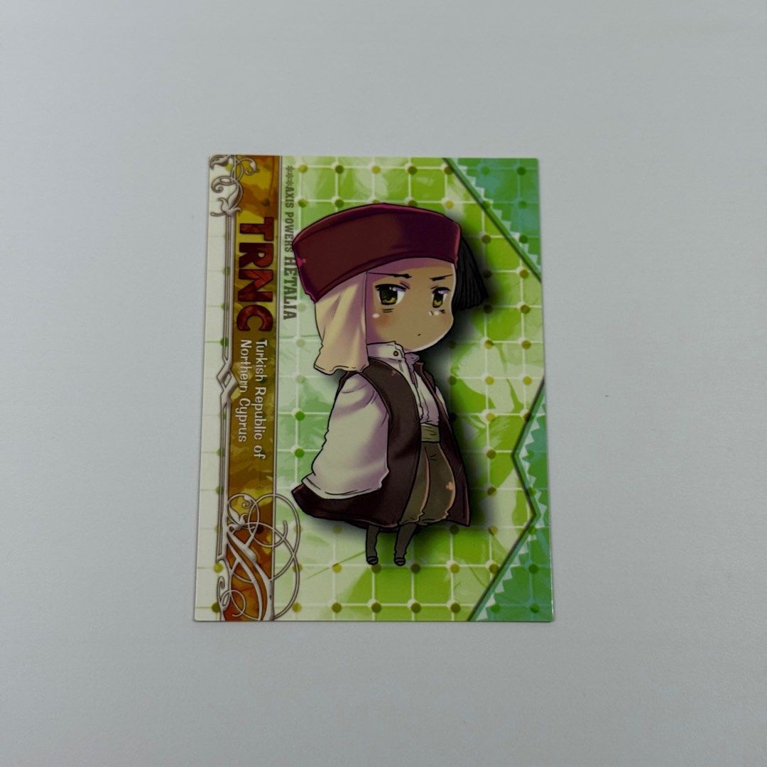 Hetalia Axis Powers — TRNC — Trading Card — Frontier Works (Category: Raw Singles) located in Makati City. Submitted by sokyuuph (Listing ID 1412134671, Image 1). Description: Kindly visit our Facebook page, Sokyuu PH! Item description: → Card size approx. 2.5” by 4” → Actual photos posted (what you see is what you get) → Authentic (unless stated otherwise) → No to sensitive buyers, please manage your expectations → We use recycled materials for 