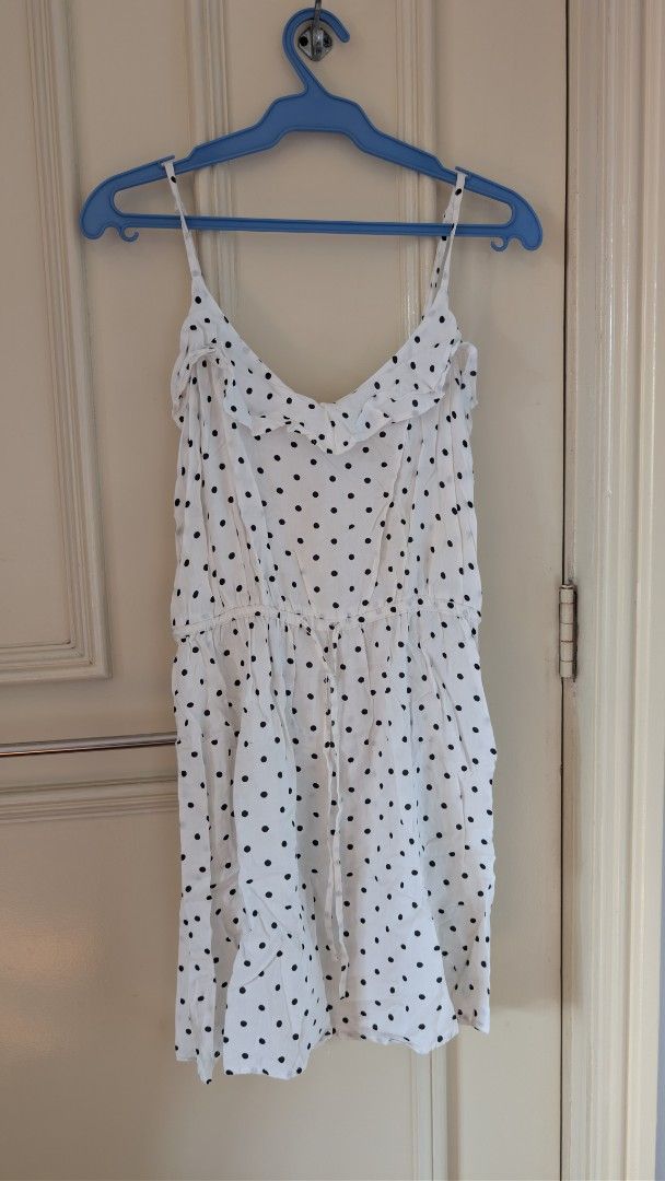 H&M Divided White Polka Dot Mini Dress (Category: Dresses) located in Las Pinas. Submitted by decluttering.taurus (Listing ID 1412086556, Image 1). Description: LAST PRICE POSTED! Brand: H&M Divided Size: EUR 38 / US 8 Color: White with black polka dots Spaghetti straps Ruffle detail at neckline Elastic waist Flowy mini length Lightweight fabric Gently used, in good condition (see photos) Model for reference only 📦 RFS: Decluttering 💳 Payment: 