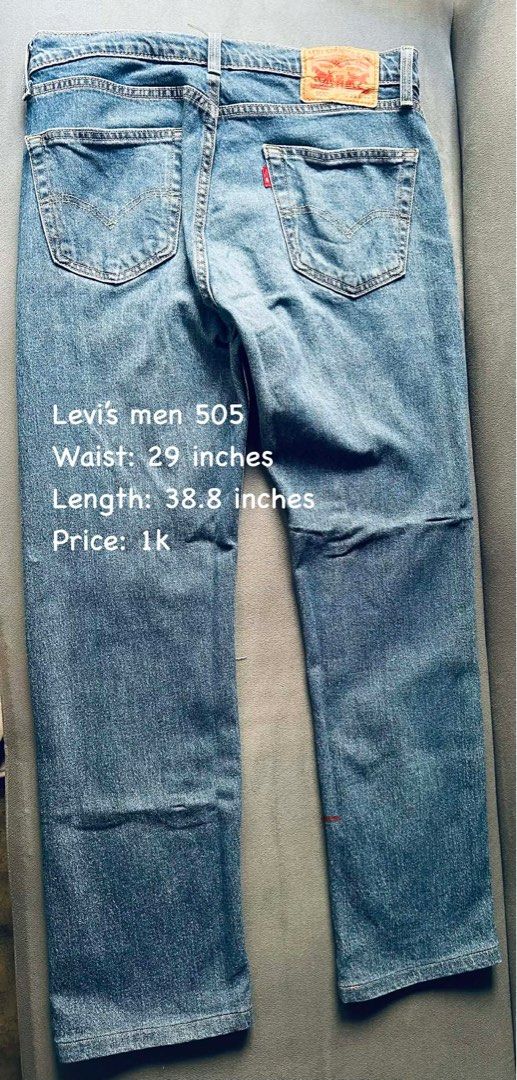 Preloved Levi's 505 Men's Jeans - W29 (Category: Jeans) located in Mandaluyong City. Submitted by Laurice (Listing ID 1411986279, Image 1). Description: - Levi's 505 men's jeans - Classic blue wash - Waist: 29 inches - Length: 38.8 inches - Iconic Levi's red tab and back pocket design - Tag visible Meet up: 📍sm caloocan 📍kai mall 📍watsons nodado hospital .