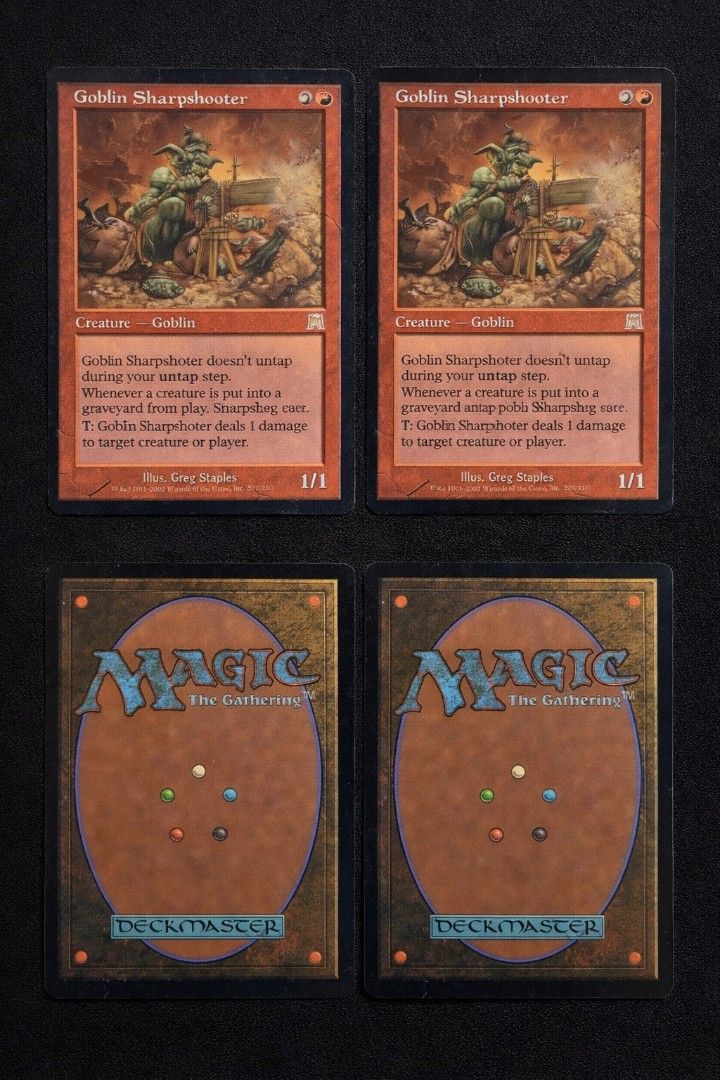 Magic The Gathering Goblin Sharpshooter Card (Category: Raw Singles) located in Carmona. Submitted by legitsteals (Listing ID 1412030417, Image 1). Description: - Two Goblin Sharpshooter cards - From Magic: The Gathering - Creature type: Goblin - Power/Toughness: 1/1 - Abilities: Untapping and dealing damage - Authentic cards - Features the Magic: The Gathering logo on the back.