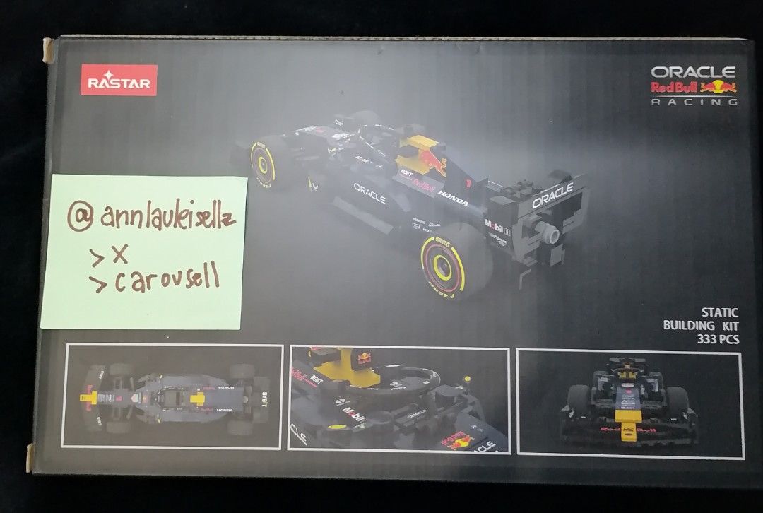 MAISTAR Oracle Red Bull Racing RB19 Building Blocks (Category: Lego & Building Sets) located in Las Pinas. Submitted by joyceereadsabook (Listing ID 1411924764, Image 2). Description: - MAISTAR Oracle Red Bull Racing RB19 building block set - Scale: 1:24 - Recommended for ages 6+ - Includes a detailed Formula 1 car model - Features sponsor logos and realistic design - Box shows assembled car and racing track.