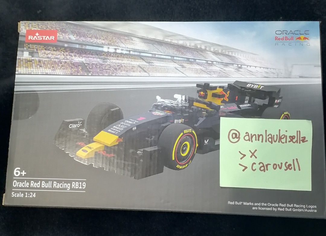 MAISTAR Oracle Red Bull Racing RB19 Building Blocks (Category: Lego & Building Sets) located in Las Pinas. Submitted by joyceereadsabook (Listing ID 1411924764, Image 1). Description: - MAISTAR Oracle Red Bull Racing RB19 building block set - Scale: 1:24 - Recommended for ages 6+ - Includes a detailed Formula 1 car model - Features sponsor logos and realistic design - Box shows assembled car and racing track.