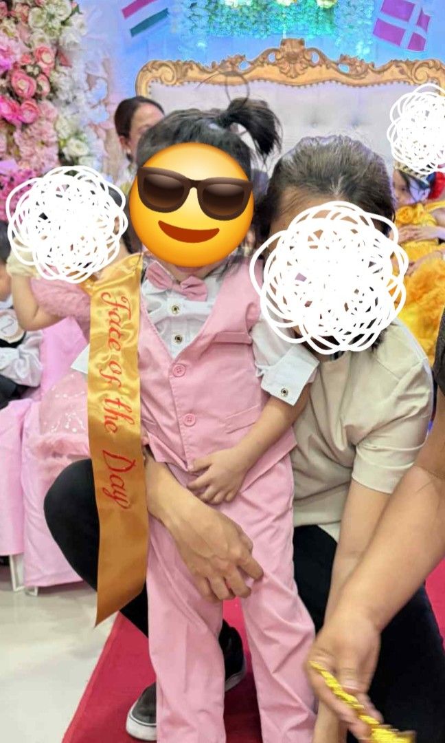 Pink kids formal/casual Suit (Category: Babies & Kids Fashion) located in Caloocan City. Submitted by Pisces0307 (Listing ID 1412013311, Image 3). Description: kids pink suit. note: pink stain on white polo. hindi kita kapag suot po ang pink vest..