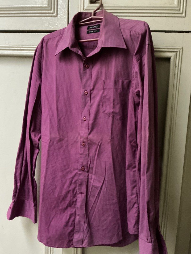 Wharton Blue Chip Long Sleeve Shirt Large (Category: Tshirts & Polo Shirts ) located in Manila. Submitted by harbs05 (Listing ID 1412108010, Image 1). Description: - Wharton Blue Chip long sleeve shirt - Color: Purple - Features: Classic collar, single chest pocket, vertical striped pattern - Fit: Regular - Occasion: Casual or semi-formal.